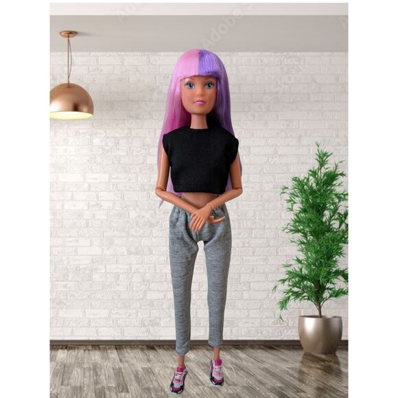 New Steffi Doll Fashion Doll Black Top Gray Sweatpants Mini Brands Sneakers - Picture 1 of 6